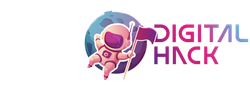 Um logotipo para hack digital com um astronauta segurando uma bandeira.