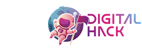 Um logotipo para hack digital com um astronauta segurando uma bandeira.
