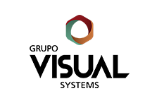 Logotipo para Grupo Visual Systems: marca nominativa com formato hexagonal abstrato em laranja, azul-petróleo e vermelho.
