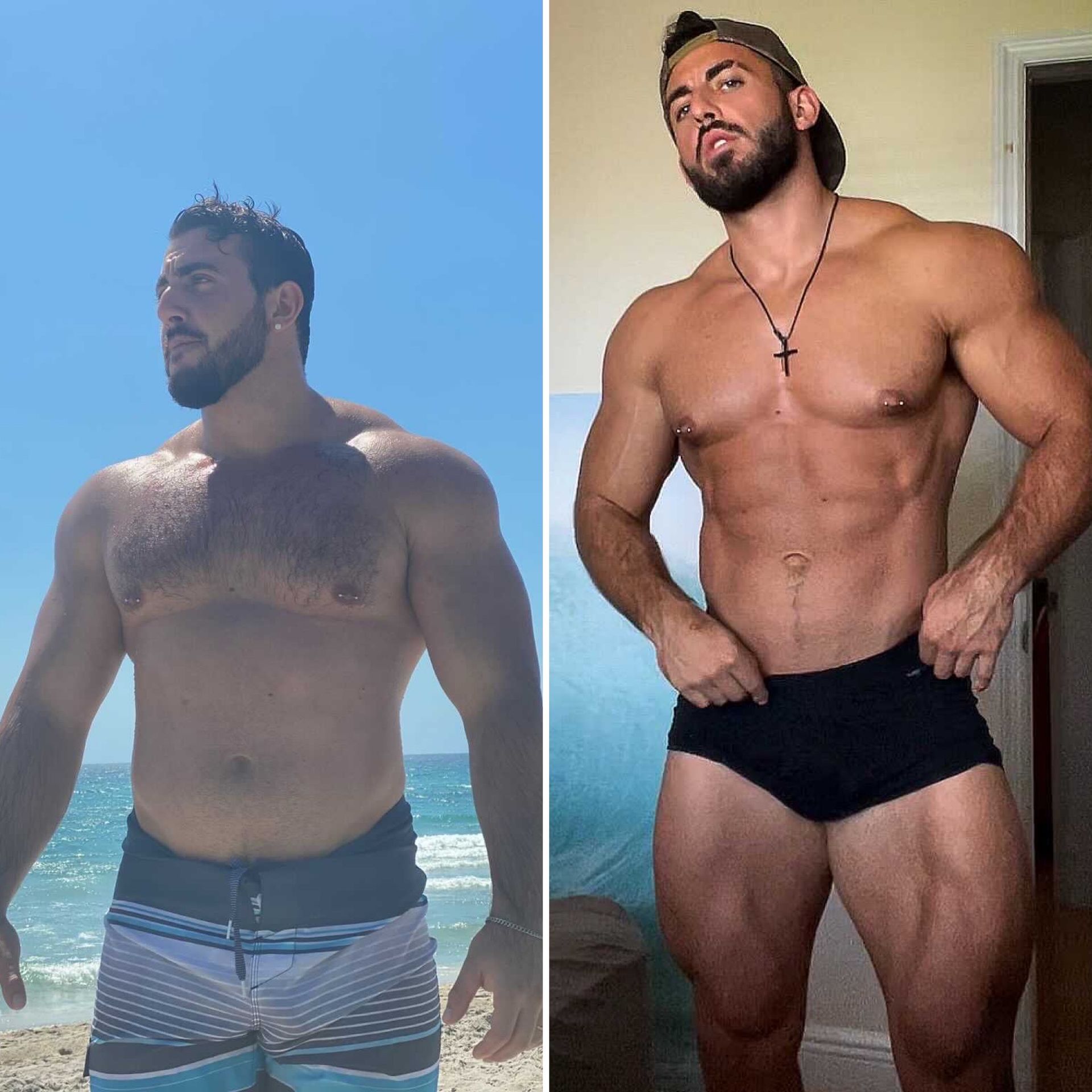 Side-by-side photos of a muscular person before and after a body transformation. The person has a beard. The after image shows much more muscle definition.