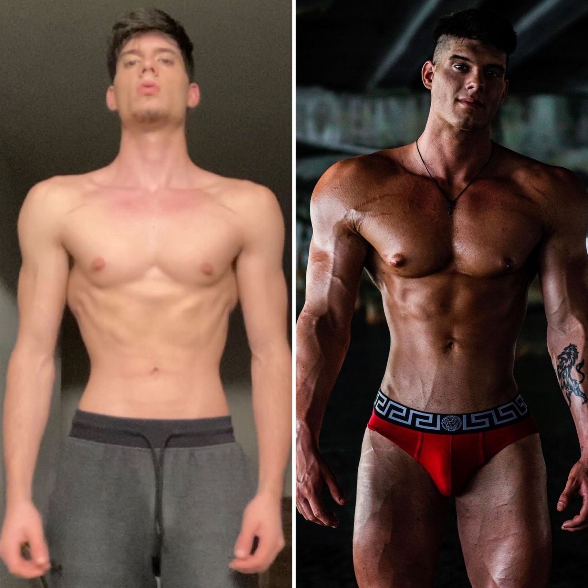 Side-by-side comparison of a man, skinny to muscular. Before in sweats, after in red underwear with sculpted physique.