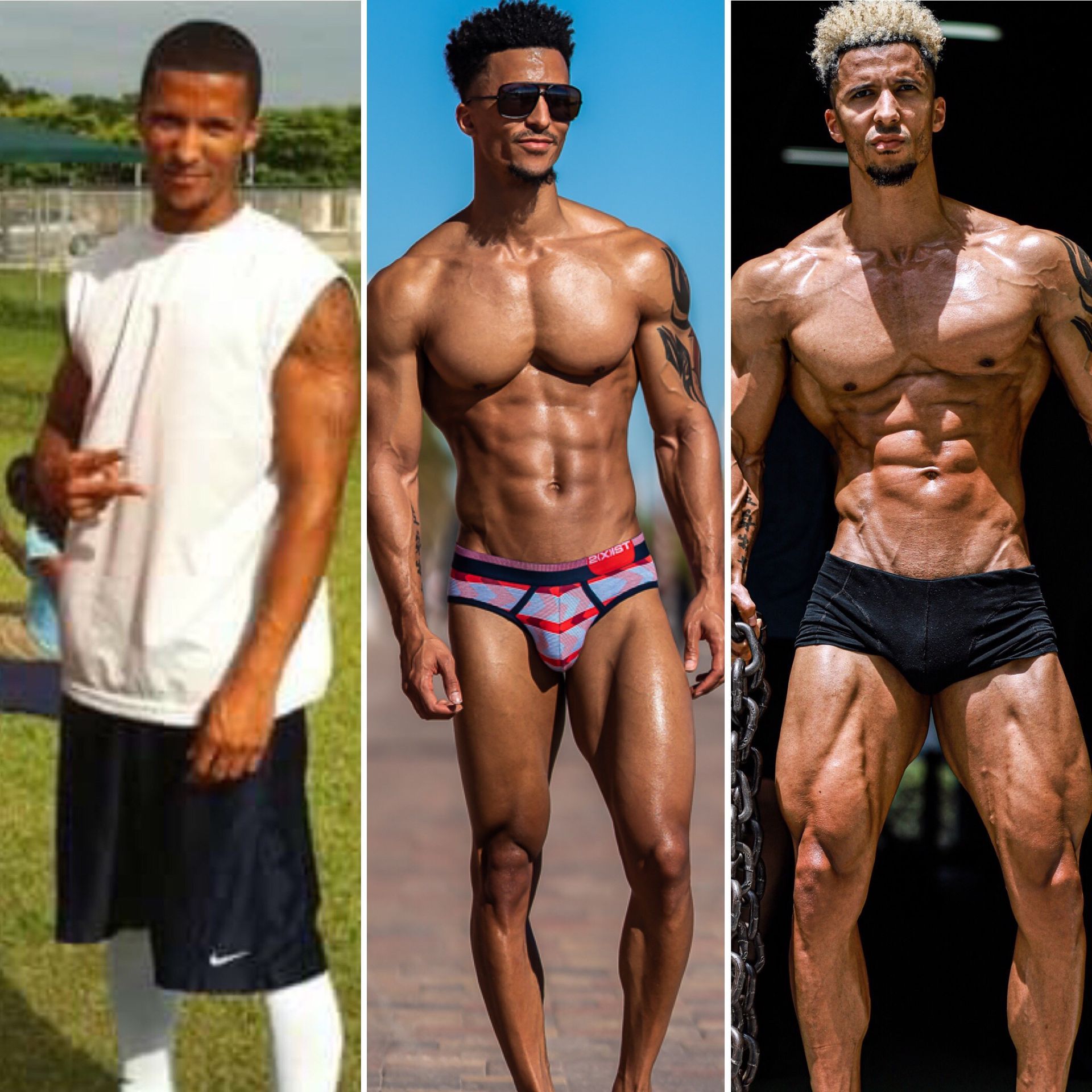 Transformation showing a person with progressively more muscular physique; in athletic wear to posing with intense muscle definition.