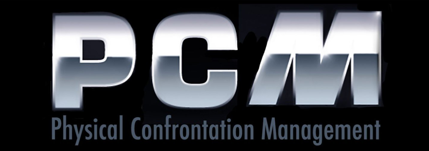 PCM logo with metallic silver letters and the words “Physical Confrontation Management” on a black background