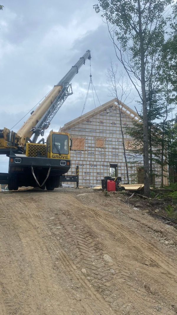 Une grue soulève des matériaux pour la construction d'une maison sur un chemin de terre, au milieu des arbres. Ciel gris.