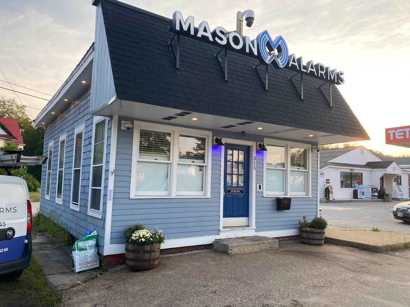 A blue building with