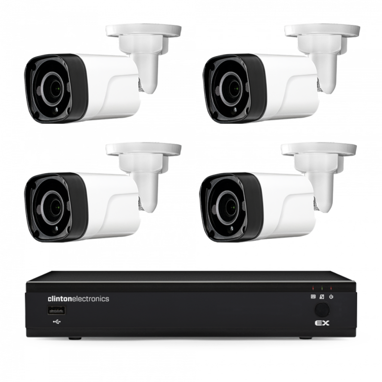 Security camera system: Four white cameras with black lens and a black DVR.