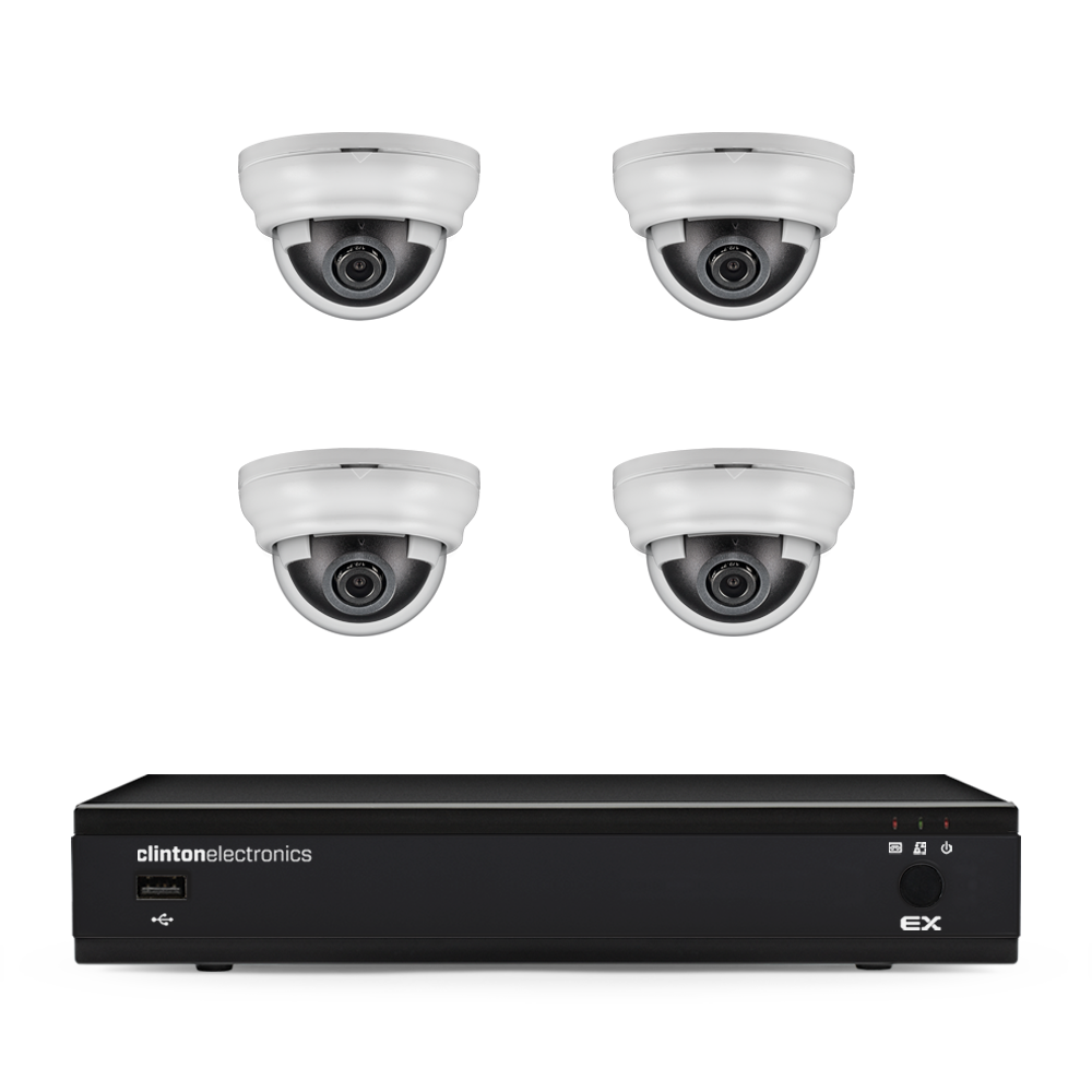 Four white dome security cameras with a black DVR.