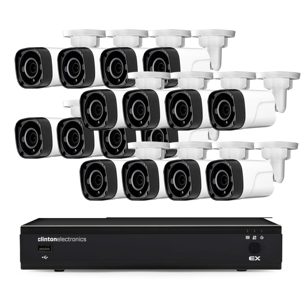 Security camera system: DVR and 16 white bullet cameras with mounting brackets.