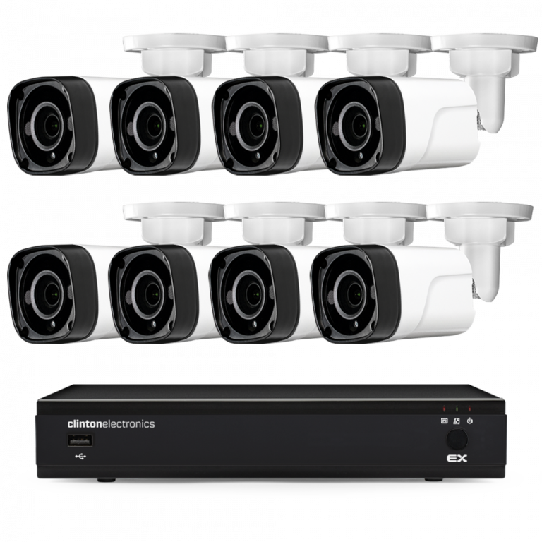 Security camera system: Eight white bullet cameras and a black DVR recorder.