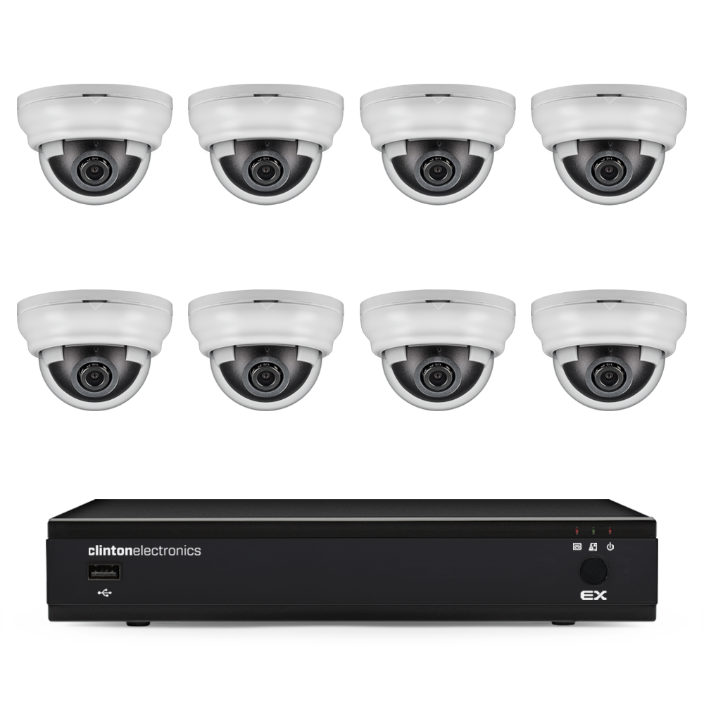 Security camera system: Eight dome cameras, black DVR, white and black.