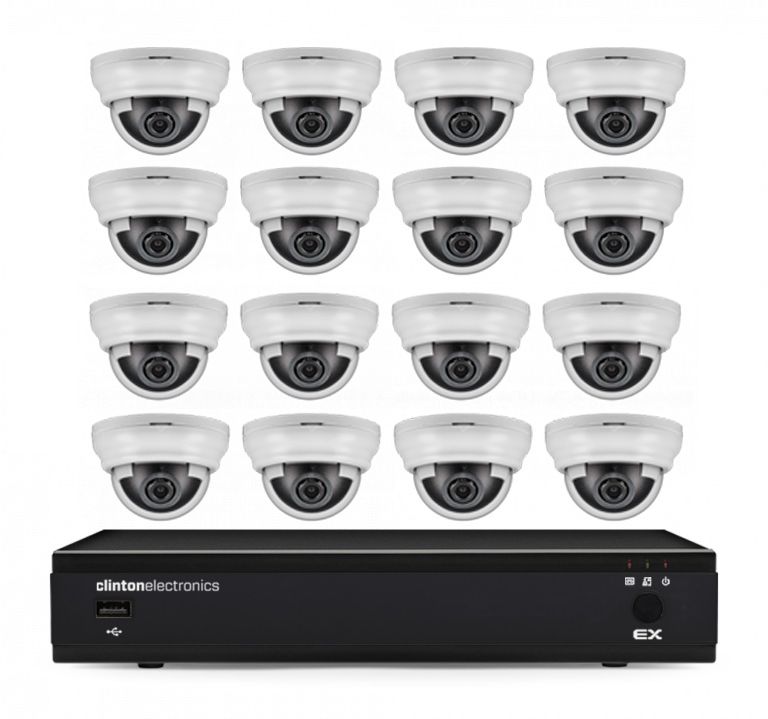 Security camera system with 16 dome cameras and a black DVR unit.