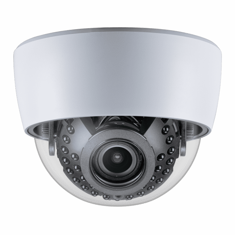 White dome security camera with transparent lens cover.