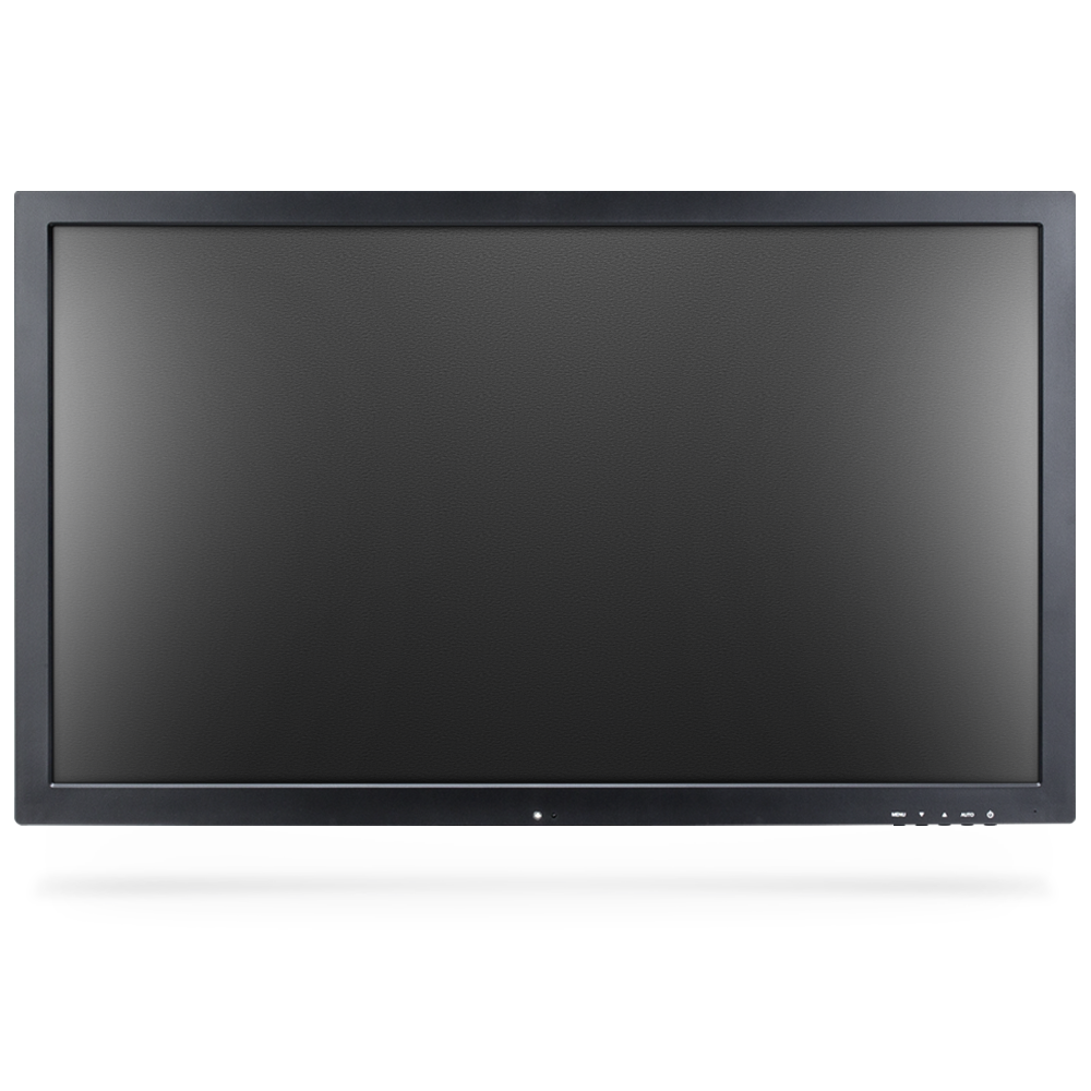 Black flat-screen monitor with a dark screen and a black bezel.