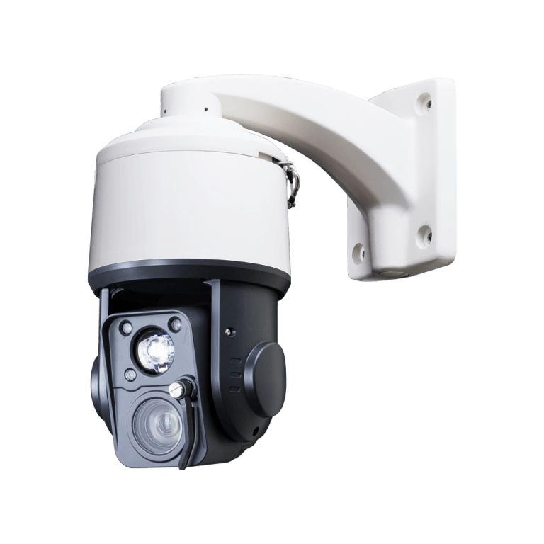 White and black security camera mounted on a white bracket; intended for surveillance.