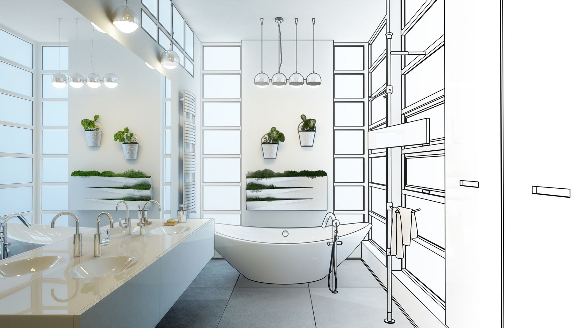 Modern bathroom with a white tub, large windows, and plants on the walls.