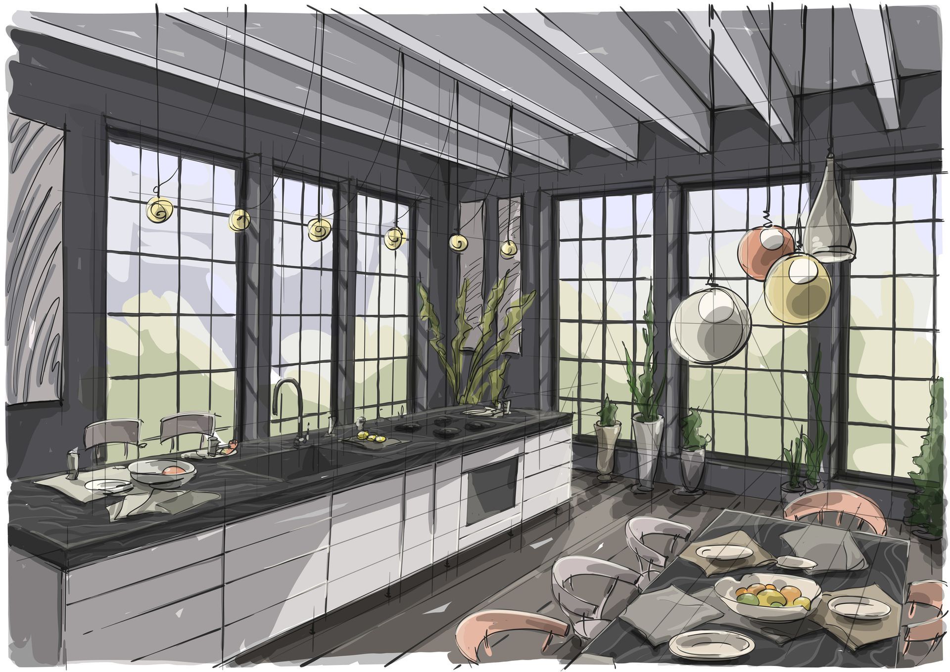 Modern kitchen rendering with dark gray walls, large windows, and an island with overhead pendant lights.