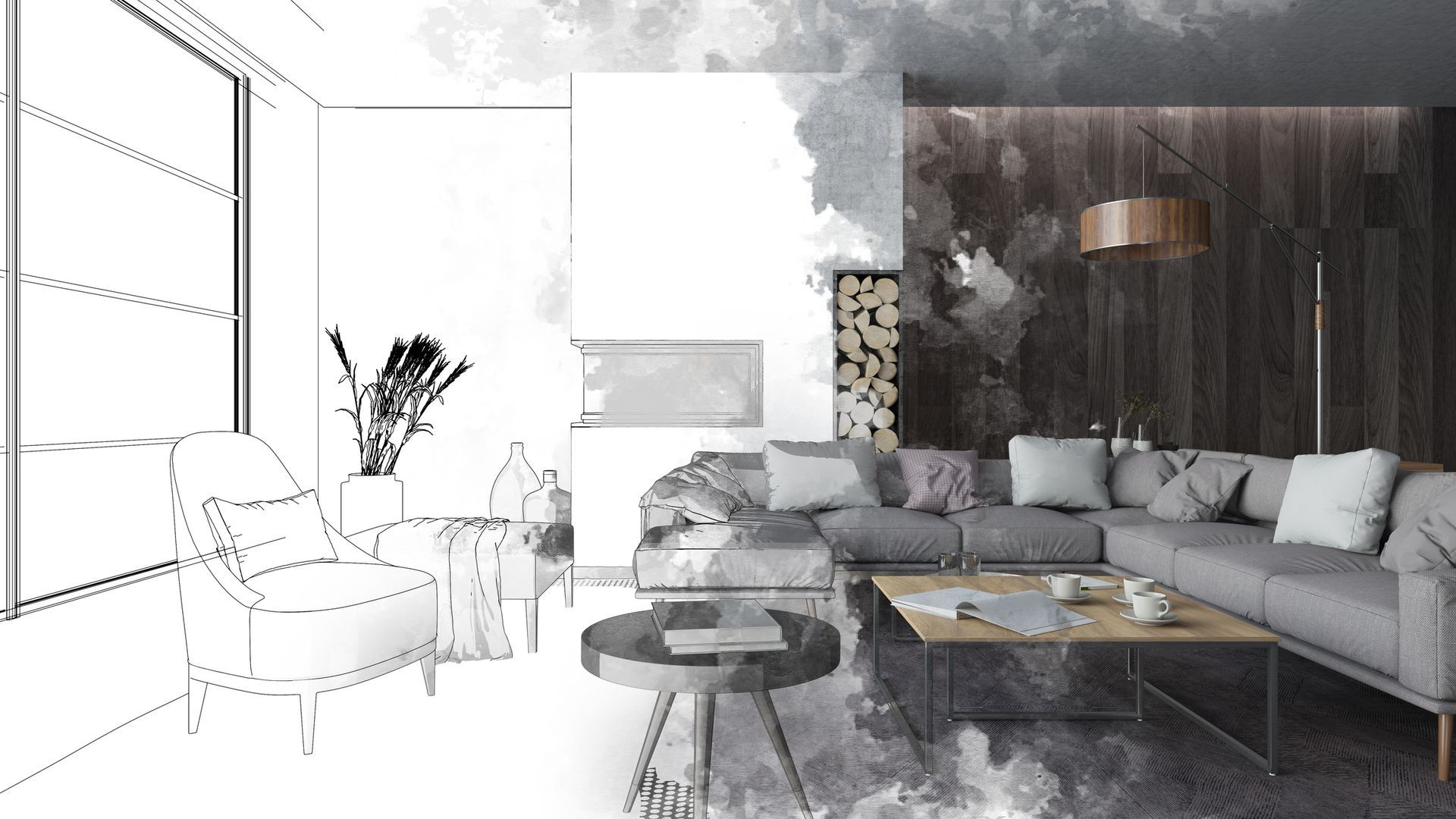 A living room design rendering. Left side is sketch; right side is color. Gray sofa, wood wall, coffee table.