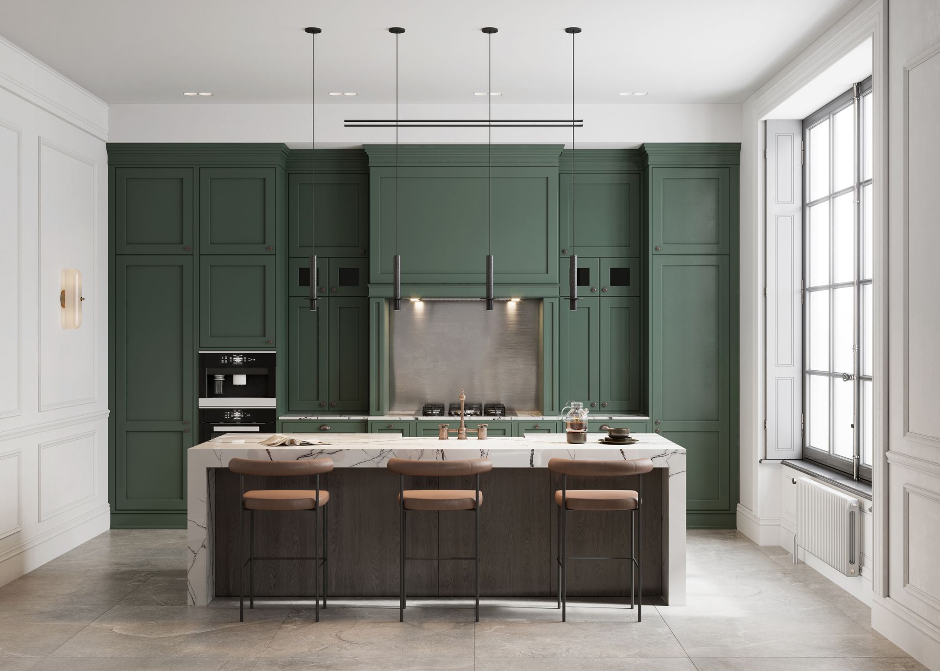 Green kitchen with island, cabinets, range hood, and three bar stools.