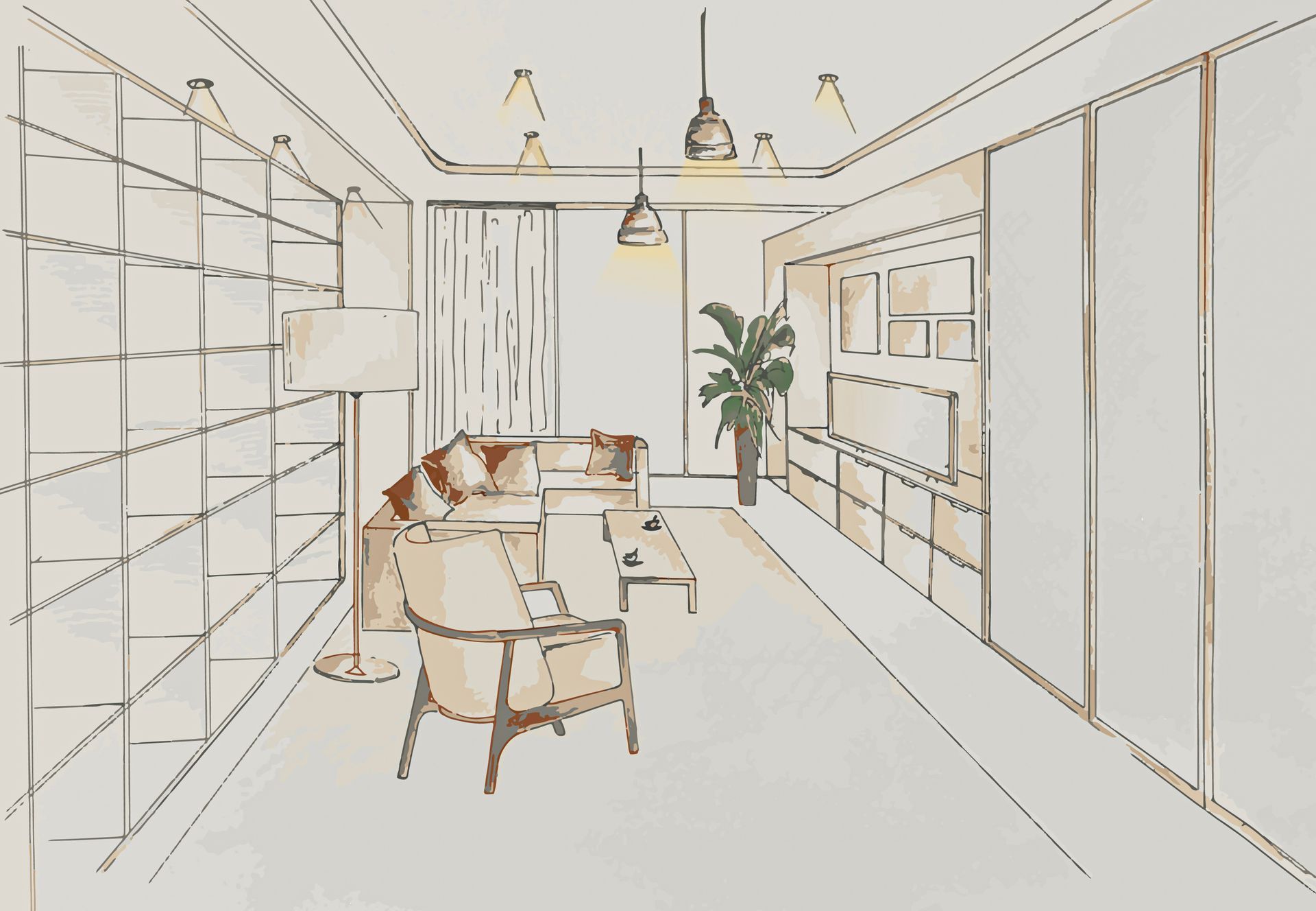 Interior rendering of a modern living room with bookshelves, a sofa, armchair, and pendant lights.