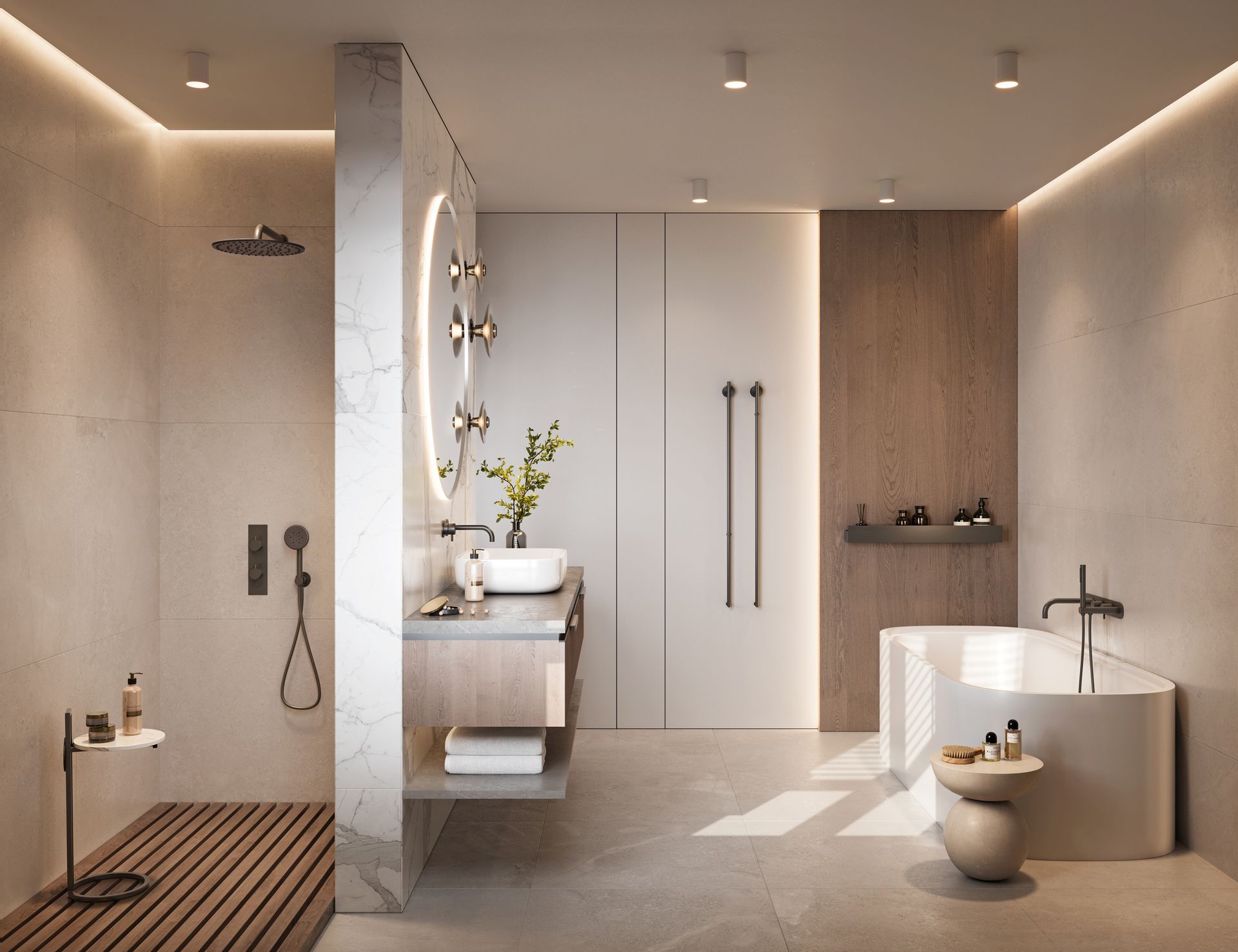 Modern bathroom with shower, vanity, and tub, featuring light wood and marble.