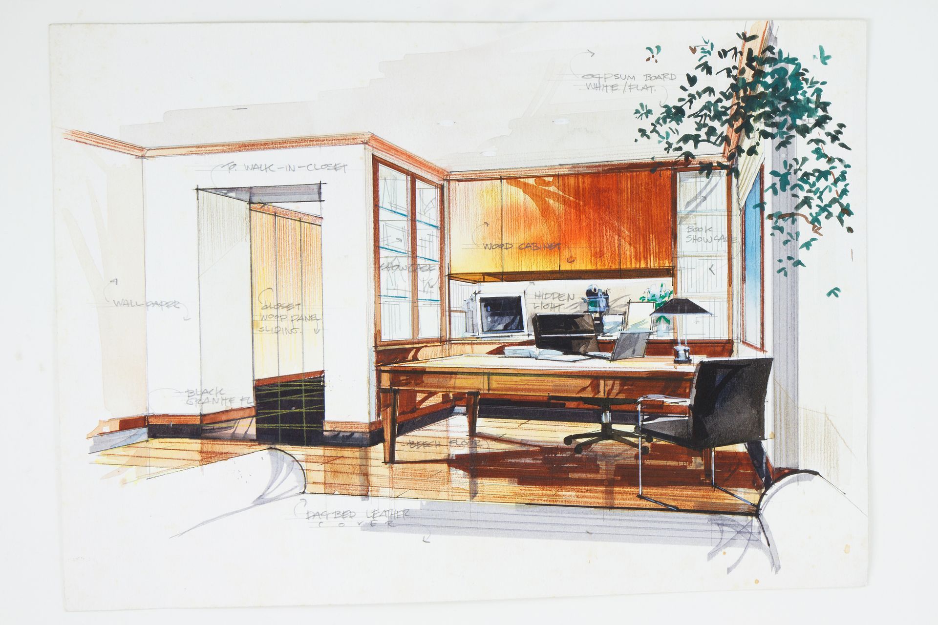 Watercolor rendering of an office interior with a desk, chair, wooden shelving, and a hanging plant.