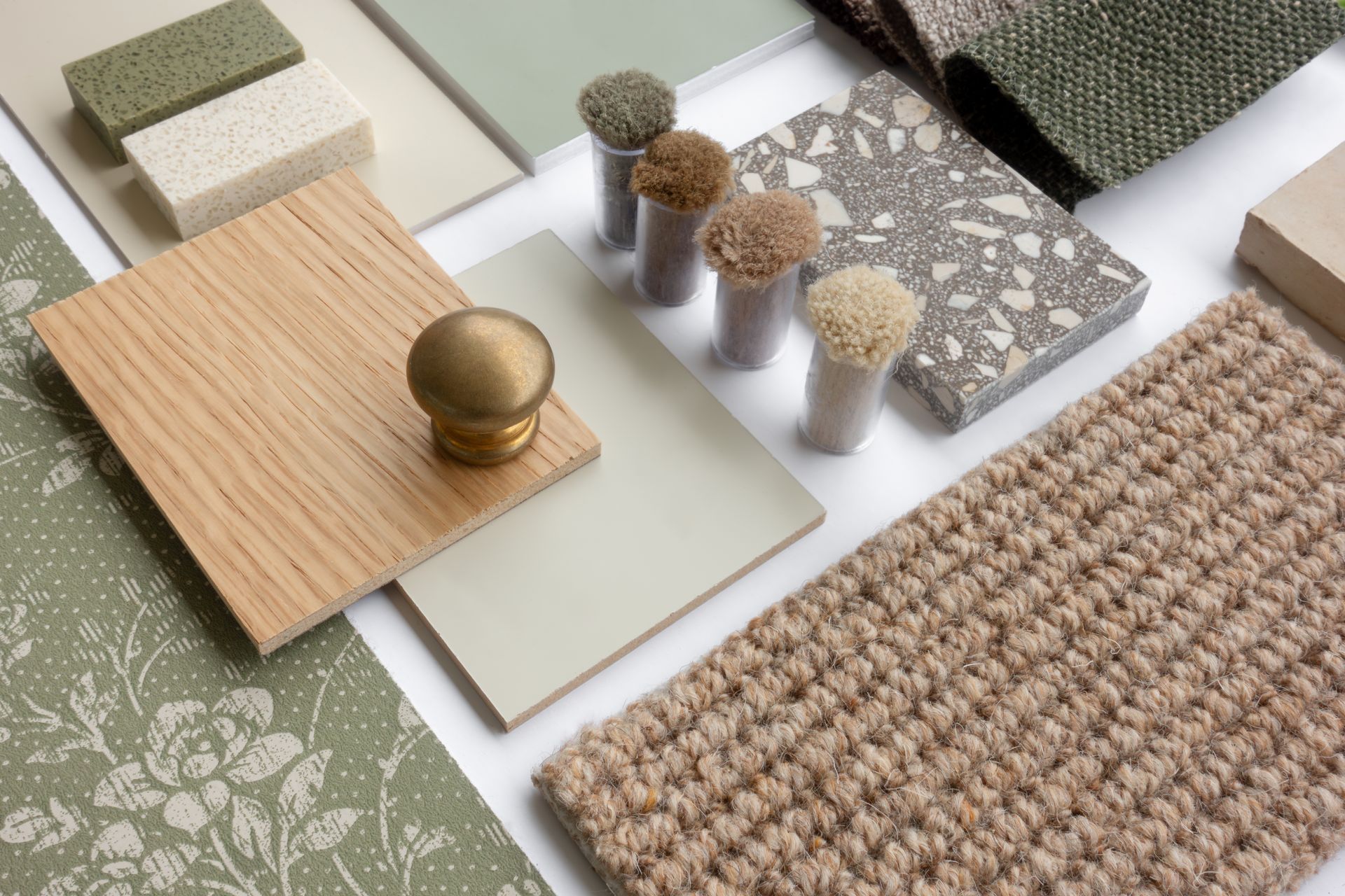 Mood board with wooden, textile, and paint swatches in neutral green and beige tones.
