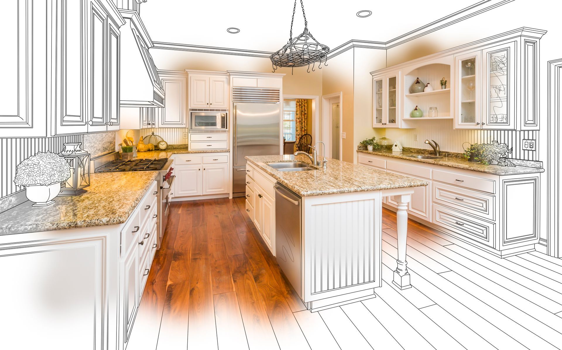 Partially sketched kitchen with white cabinets, wood floors, and granite countertops.