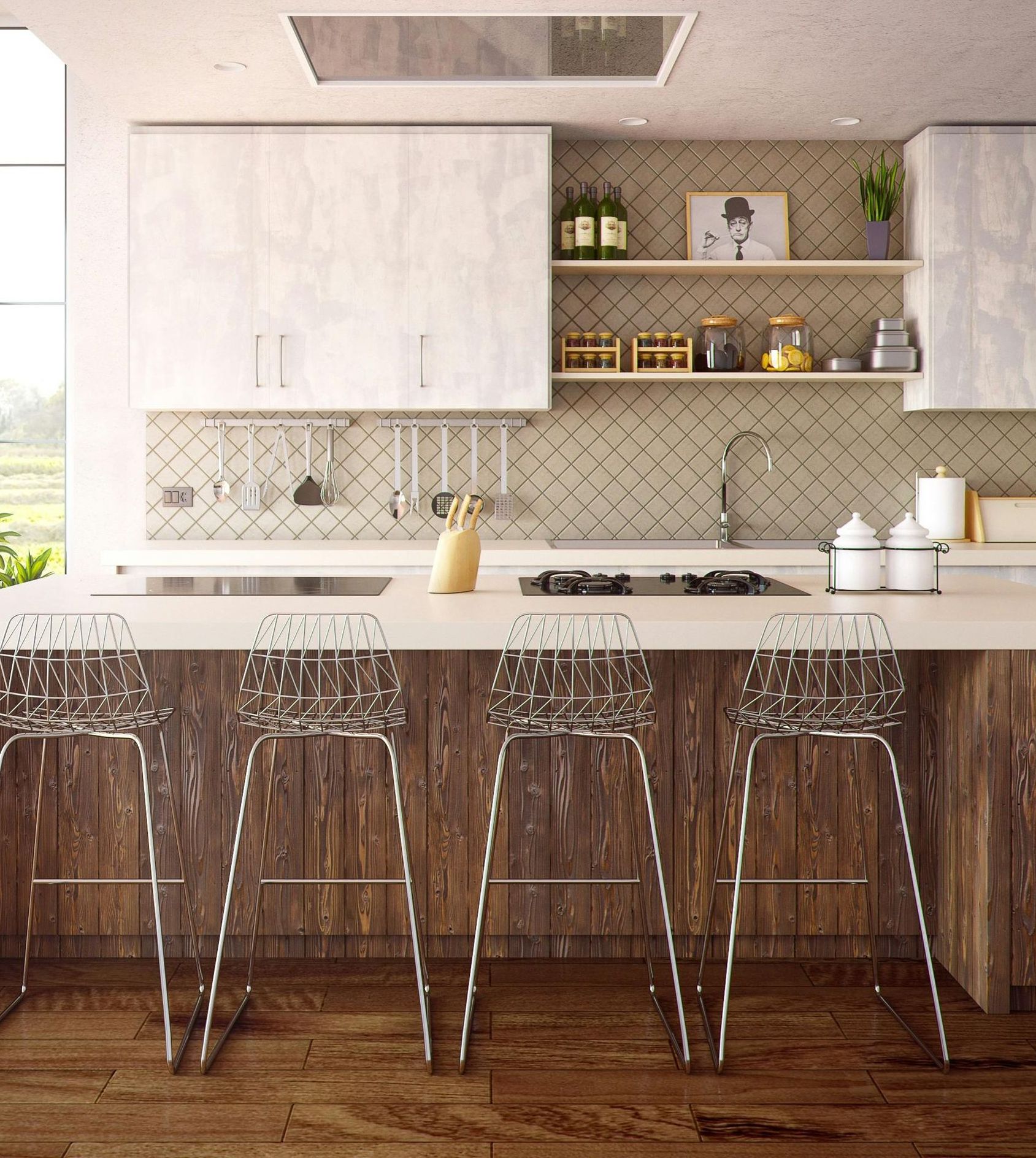 Modern kitchen with white countertops, wooden cabinets, bar stools, and overhead lighting.