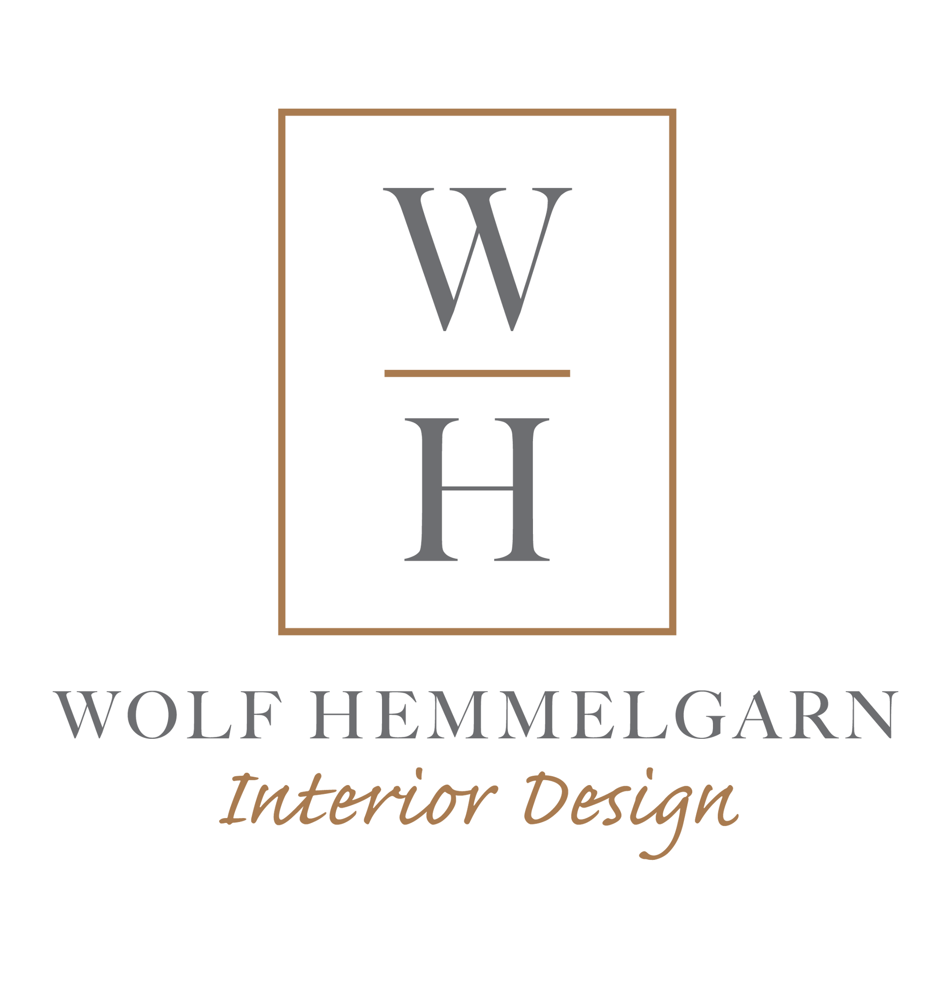 Logo for Wolf Hemmelgarn Interior Design, featuring "WH" in gray within a gold-framed white box, below text.