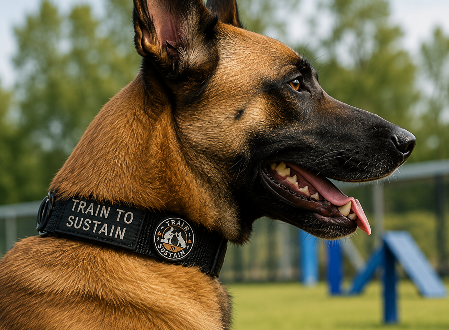 German Shepherd wearing a “Train to Sustain” harness, panting on a grassy training field with agility equipment