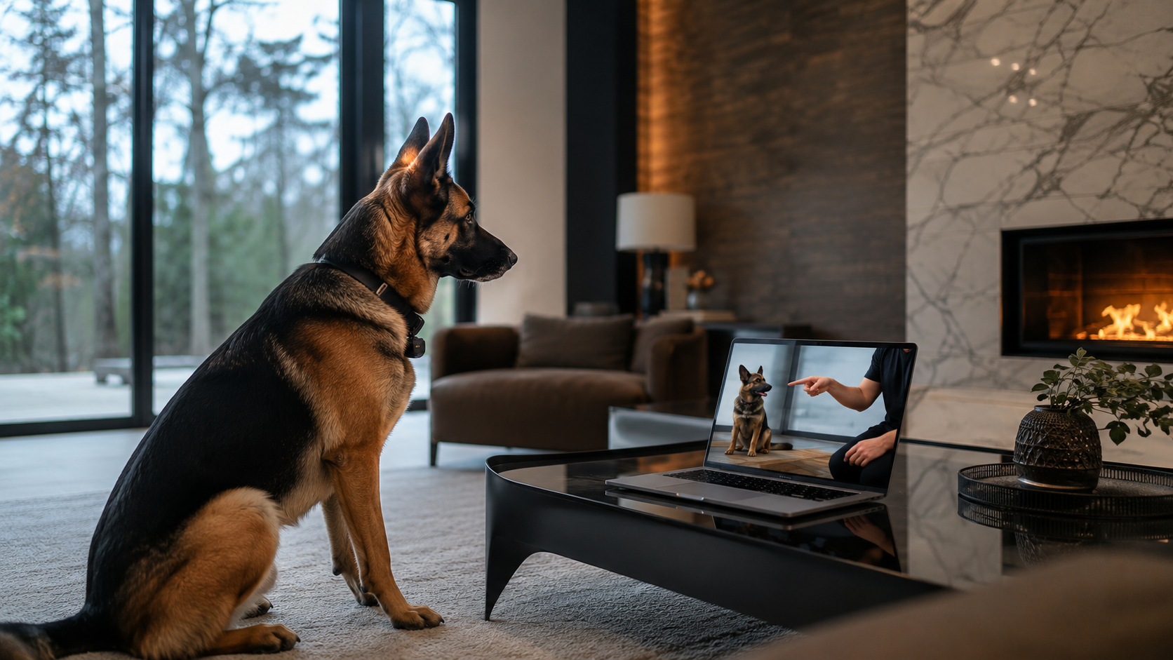 German shepherd sitting in a modern living room beside a laptop showing the dog on screen