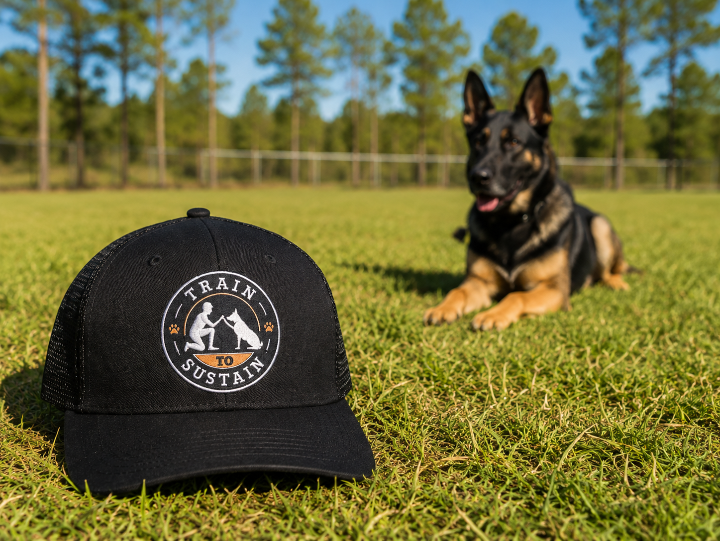 Black cap on grass with a German Shepherd lying in the background under a blue sky.