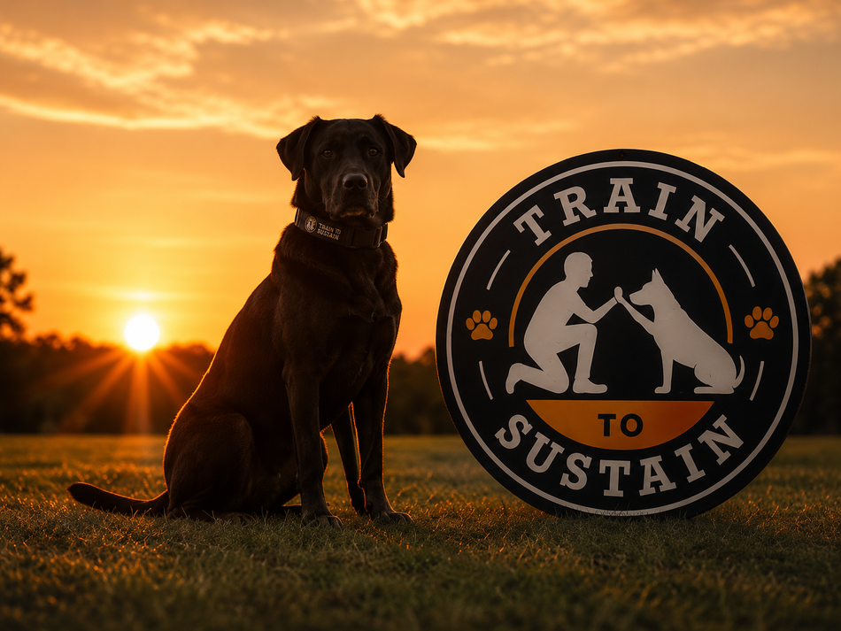 Black dog sitting at sunset beside a “Train to Sustain” logo on a grassy field