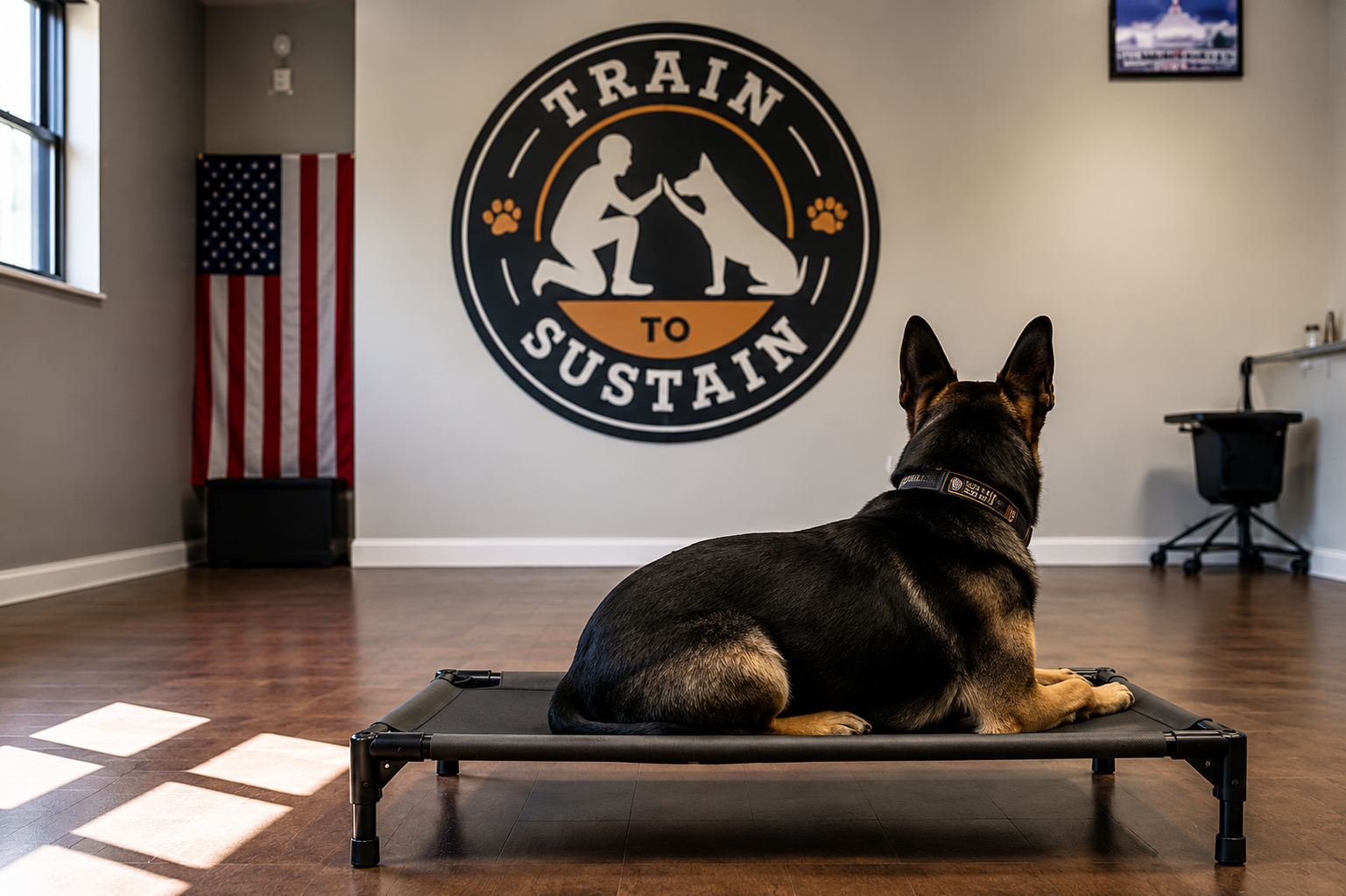 German shepherd on a platform in a training room, facing a “Train to Sustain” wall sign
