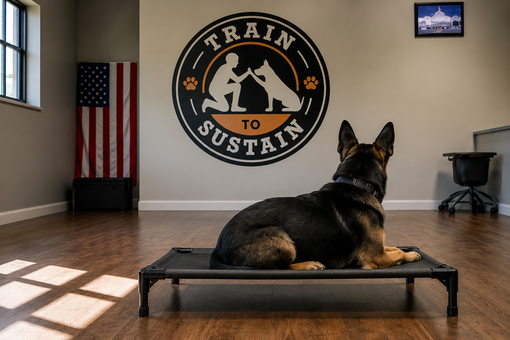 Man sitting on a porch pointing at a dog standing on an elevated training cot