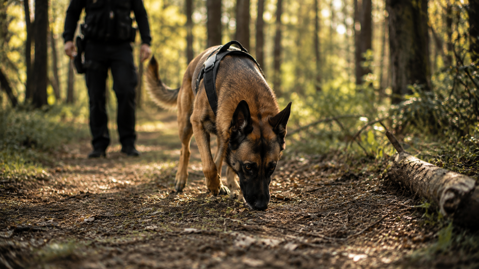 German shepherd on a forest trail, sniffing the ground, with a hiker blurred in the background