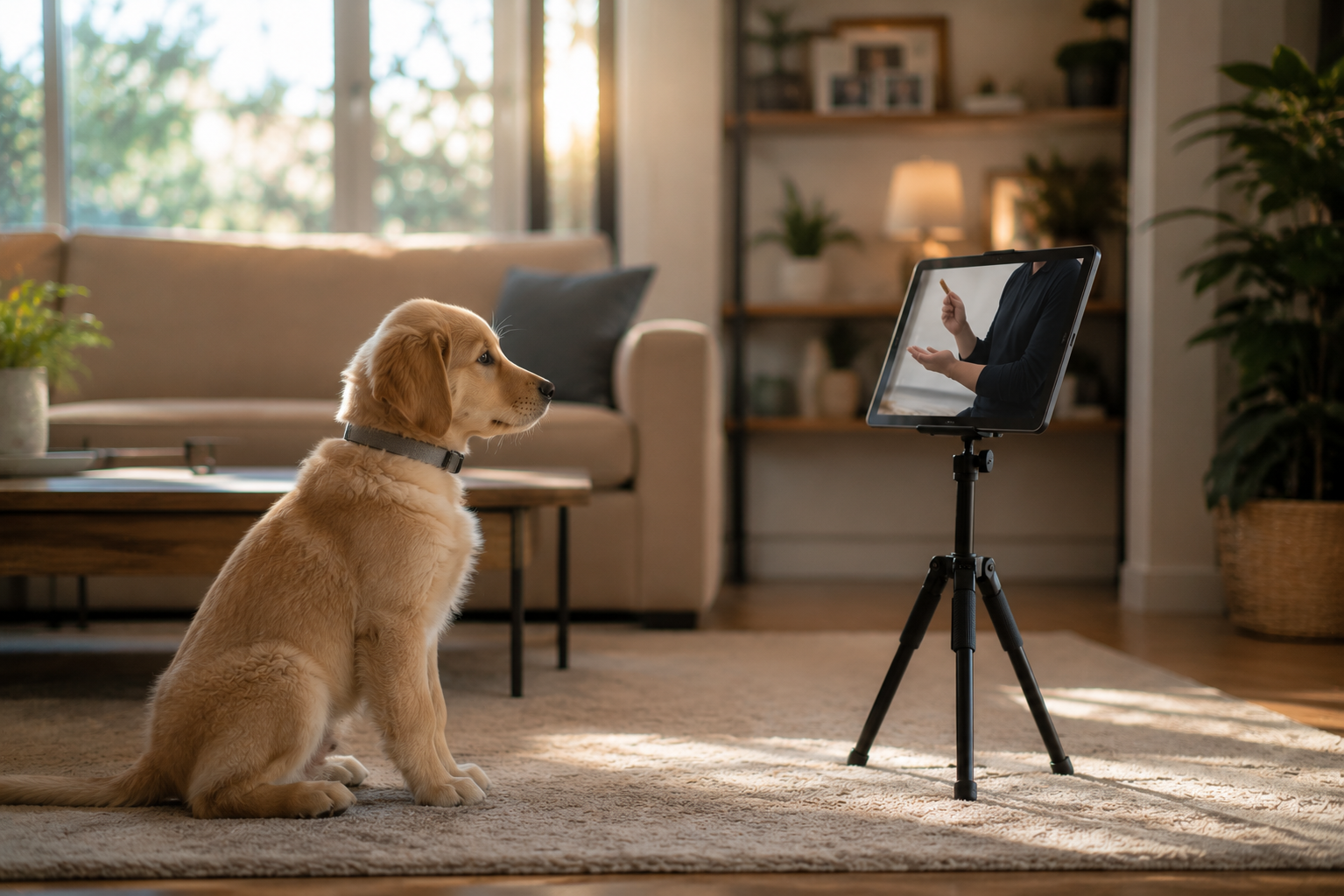 Golden dog sitting on a rug, looking at a tablet on a tripod in a sunlit living room.