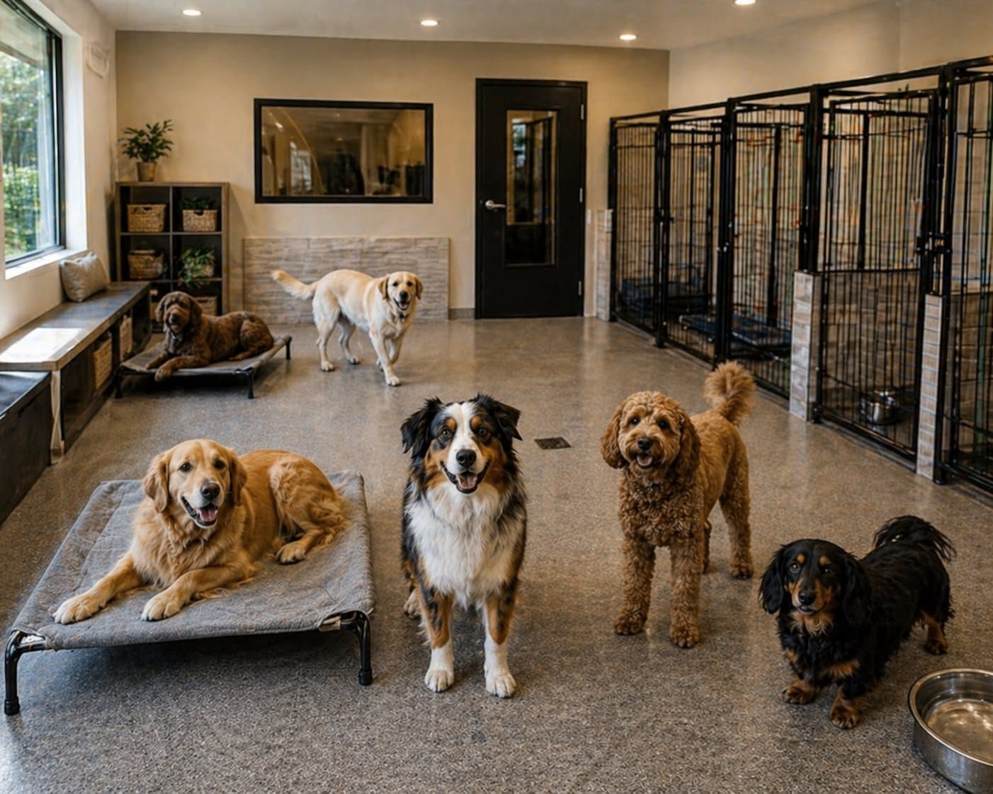 Five dogs in a bright indoor dog daycare room with beds and kennels