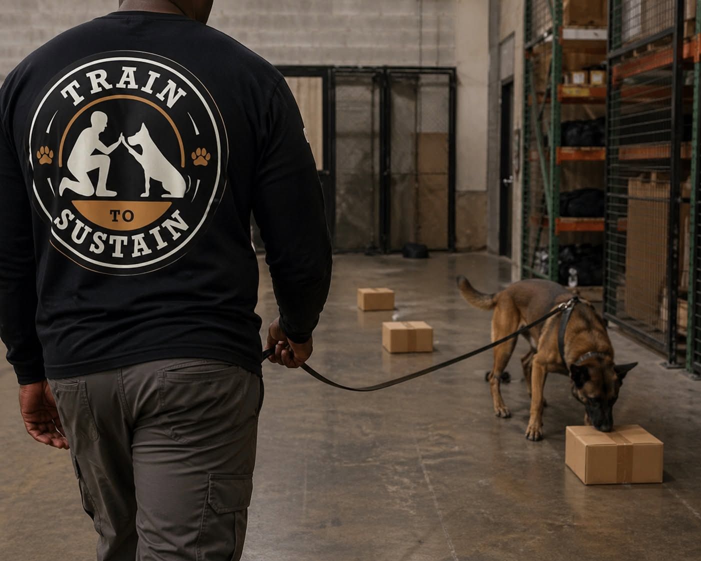 Trainer with leashed dog in warehouse, practicing scent work among cardboard boxes.