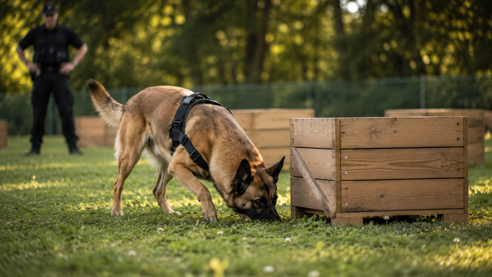 Brown dog sniffing grass beside a wooden box outdoors, with a handler blurred in the background