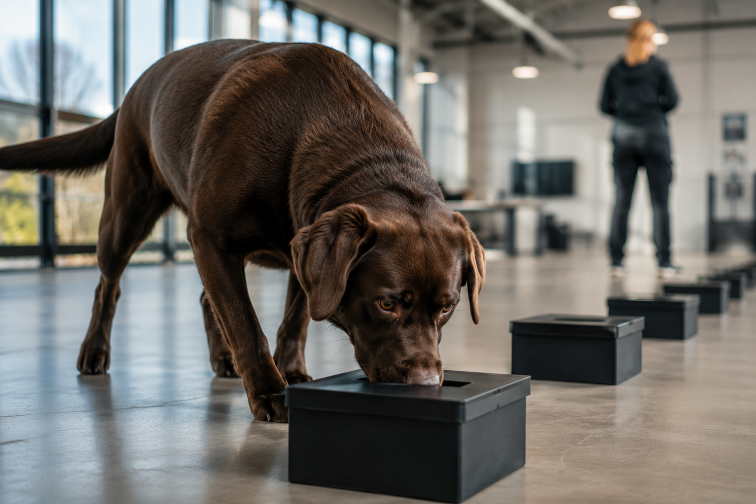 Brown dog sniffing a black box in a training room, with a handler blurred in the background.