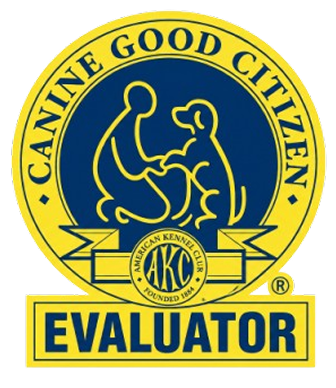 AKC Canine Good Citizen Evaluator badge with blue-and-gold dog and handler emblem