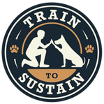 Train to Sustain logo with a kneeling person and a dog touching paws, in navy, white, and orange.