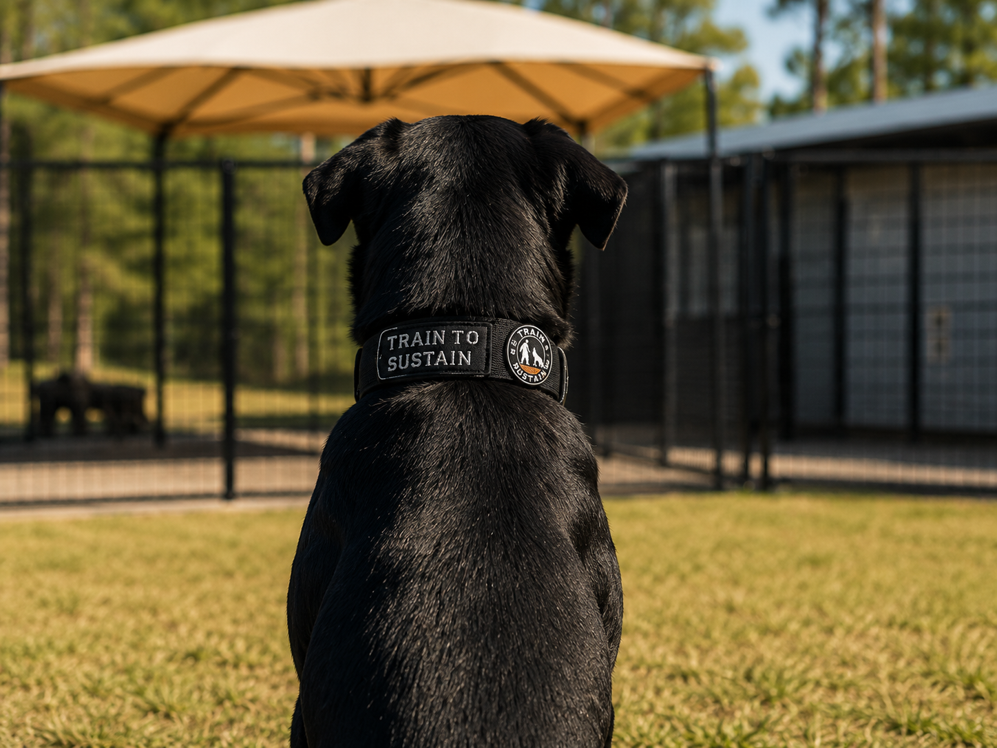 Black dog wearing a 