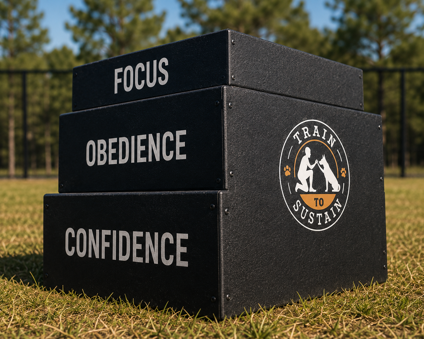 Stacked black training boxes labeled Focus, Obedience, and Confidence in a grassy park.
