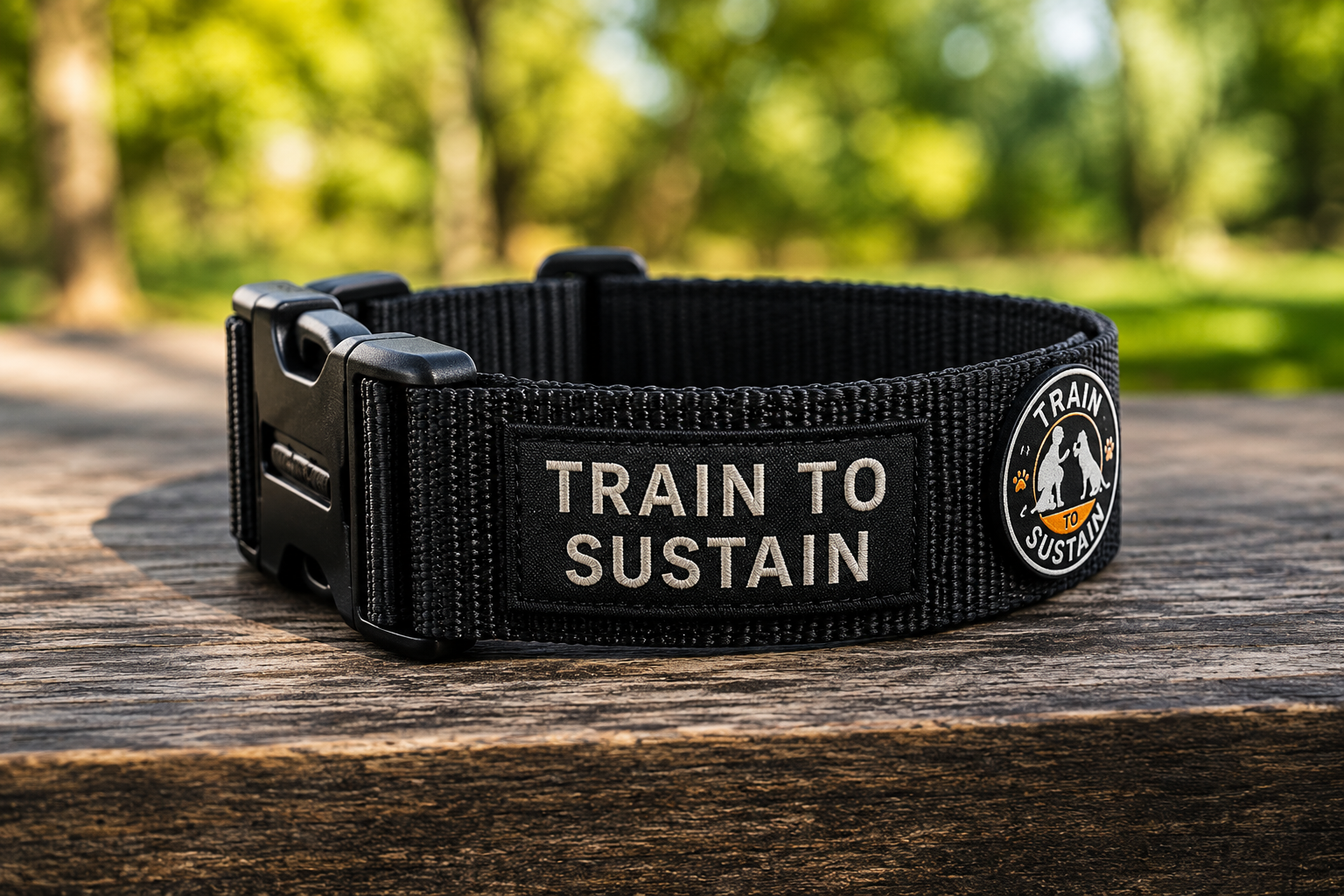 Black tactical wristband on wood with “TRAIN TO SUSTAIN” text and a circular patch