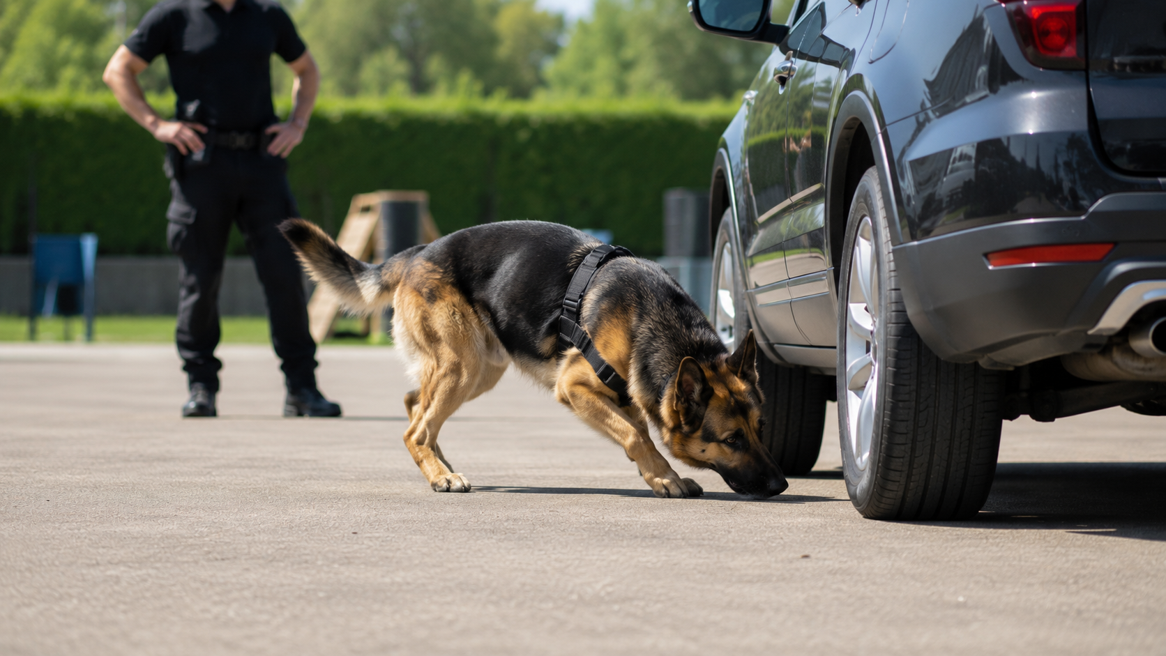 Police dog sniffing a car’s rear wheel while an officer stands behind on a paved lot