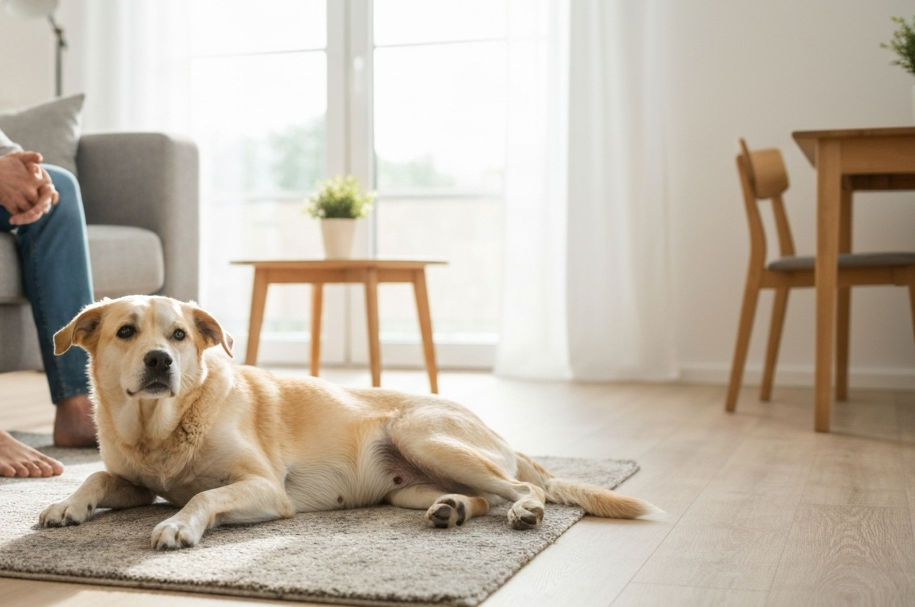 Light-colored dog with blue harness sitting on a black floor, tongue out and looking up.