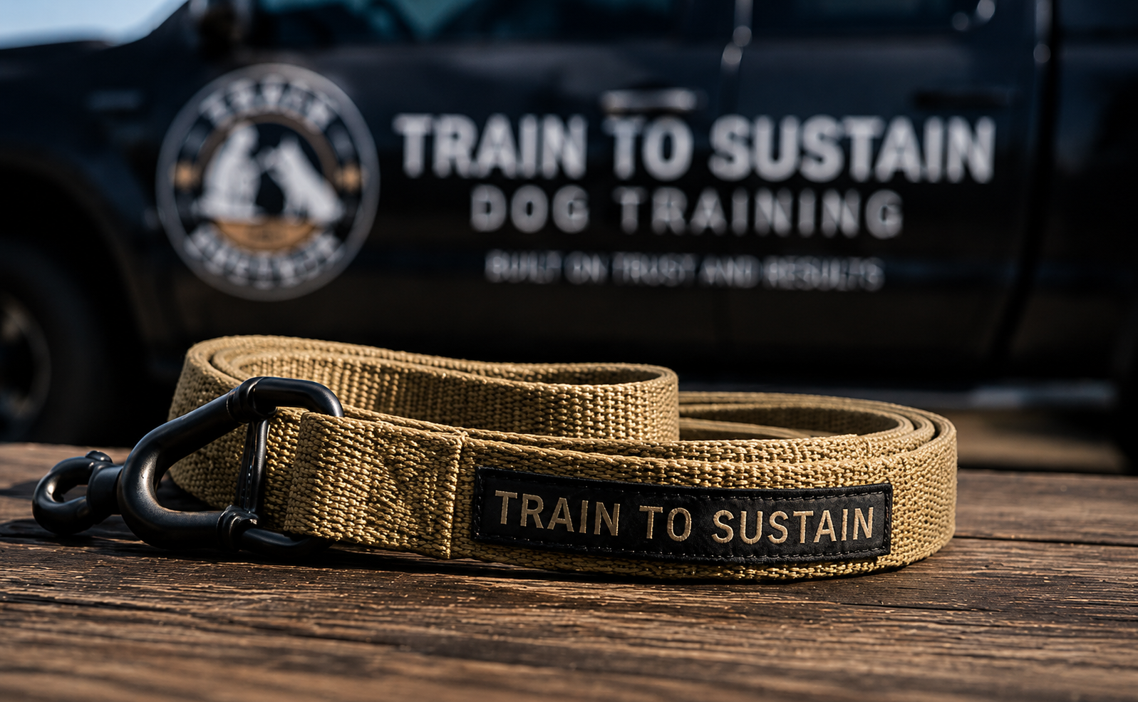 Tan dog training leash with black clip on wooden surface, blurred “Train to Sustain Dog Training” bag behind