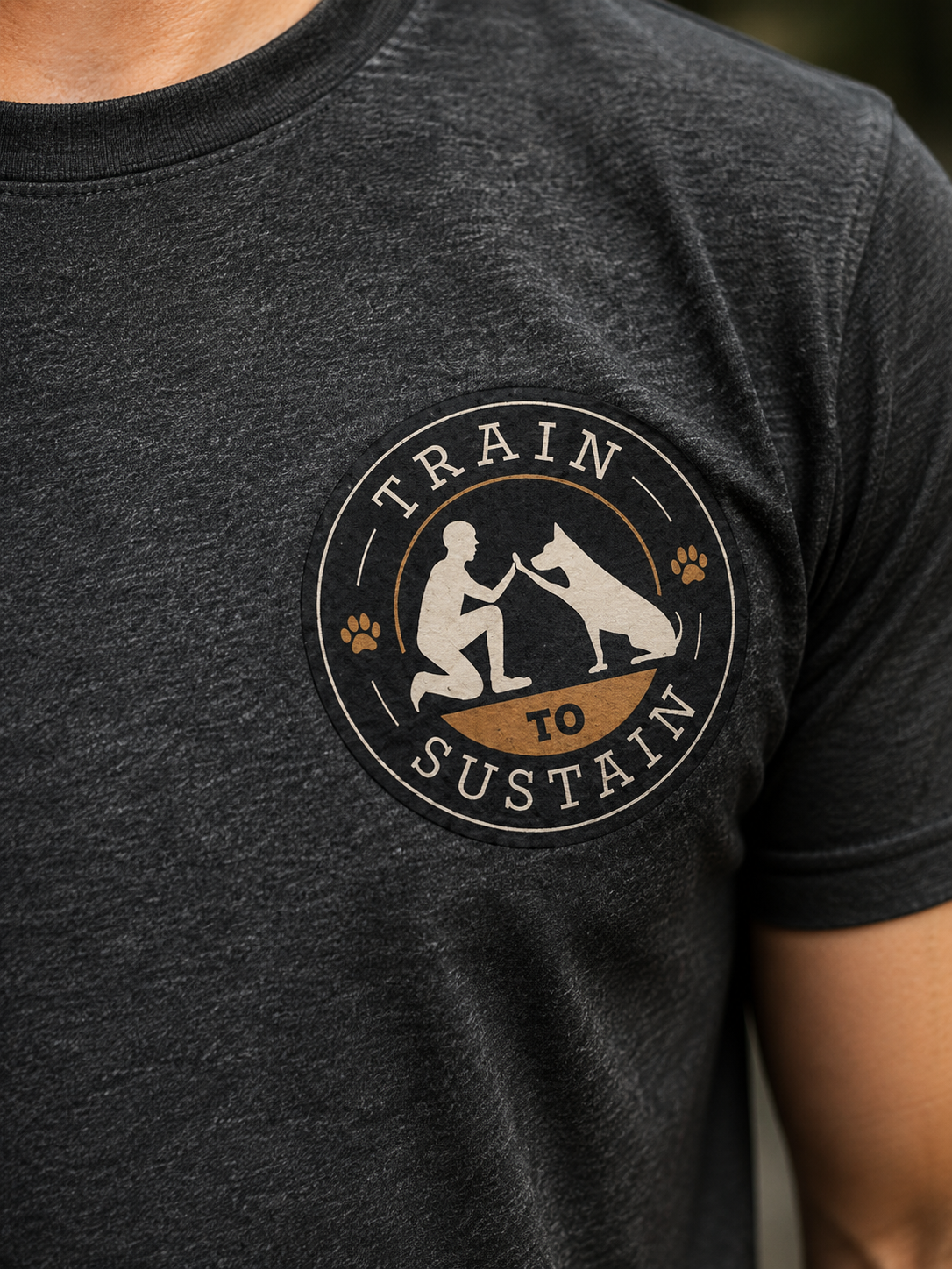 Close-up of a dark gray T-shirt with a circular “Train to Sustain” logo featuring a seated figure and mountains.